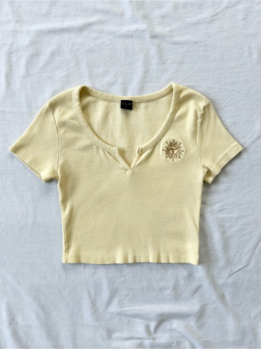 Vibe N' S/S Pale Yellow Ribbed Notched Front Crop Top w/ Sun Embroidery